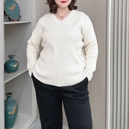 Plus Size V-neck Long Sleeve Knitted Sweater for Women - Image 4