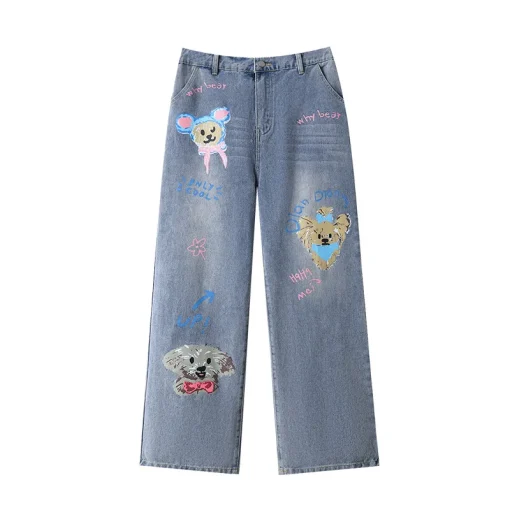 Plus Size Women's Loose Elastic Straight Leg Puppy Print Jeans - Image 5