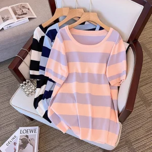 Plus Size Women's Summer Loose Ice Silk Stripe T-shirt