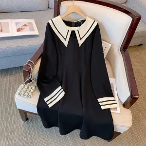 Plus Size Women's Loose Fleece College Style Navy Neck Dress