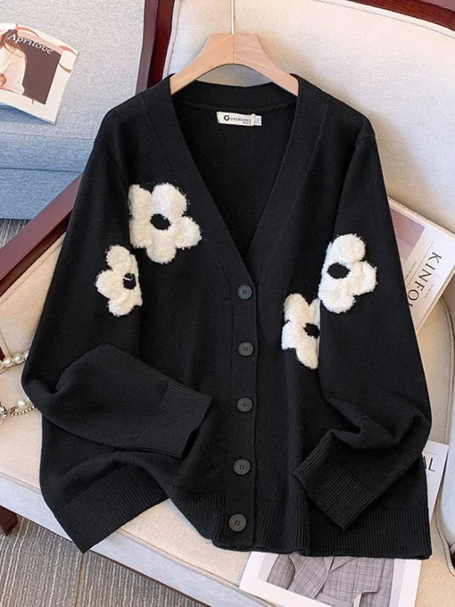 Plus Size Women's Floral V-Neck Knit Cardigan - Image 3