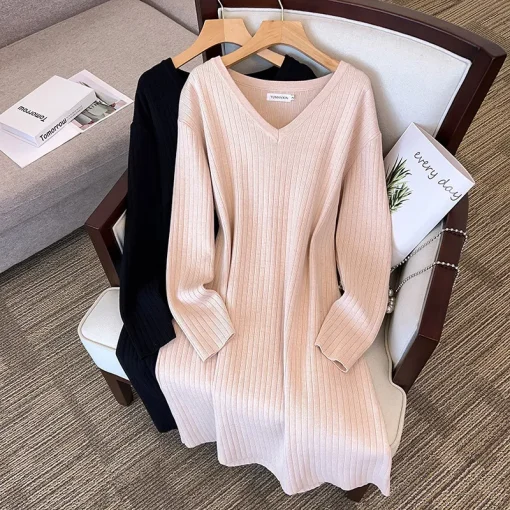 Plus Size Spring Autumn Winter Loose Long V-Neck Sweater Dress