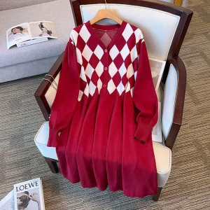 Plus Size V-Neck Long Sweater Dress for Winter