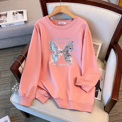 Plus Size Loose Round Neck Sequined Butterfly Sweatshirt - Image 3