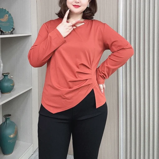 Plus Size Women’s Long Sleeve Hollow V-Neck Basic Tee