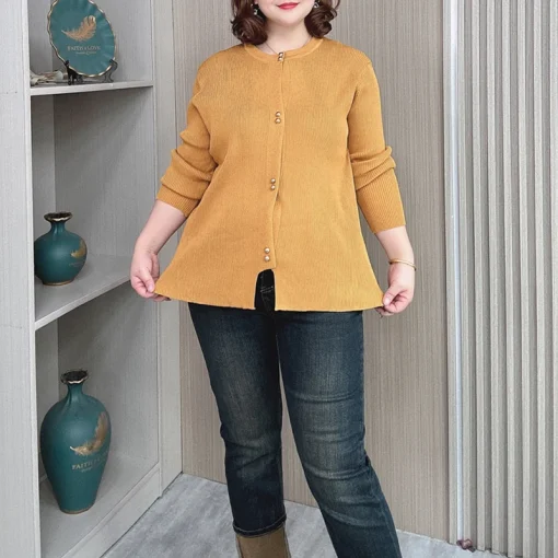 Plus Size Loose Knit Cardigan with Copper Buttons for Women - Image 3