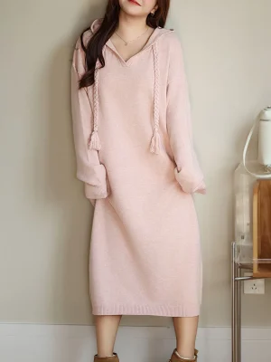 lus Size Loose Hooded Knit Dress for Women Autumn Winter