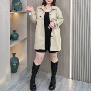 Women's Plus Size Washed Cotton Single-Breasted Trench Coat