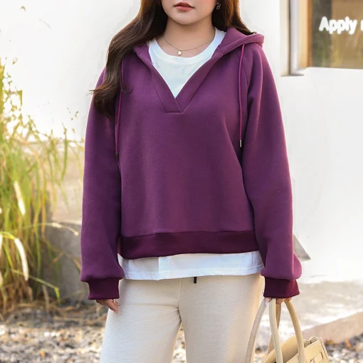 Plus Size Fleece-Lined Fake Two-Piece Hoodie for Women