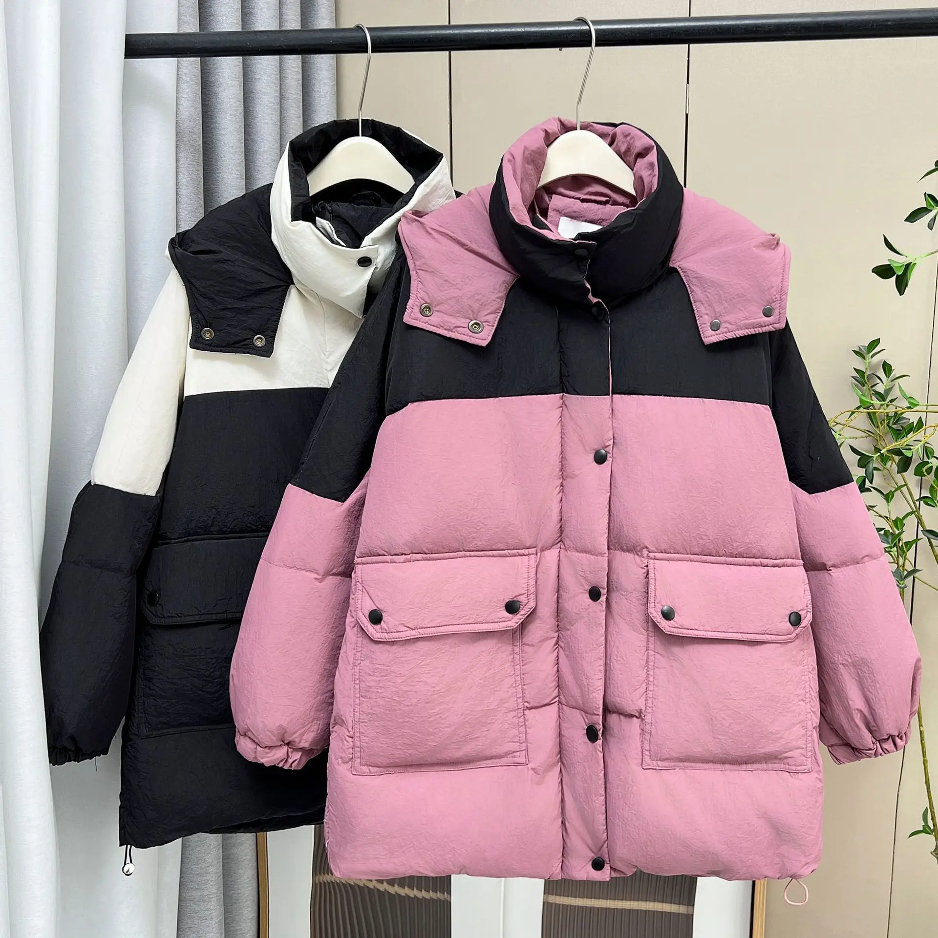 Plus Size Women Down Coat Winter Hooded Block Color Jacket - Image 2