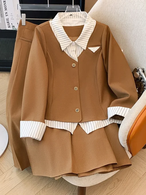 Plus Size Autumn Loose Fake Two-Piece Jacket Skirt Set