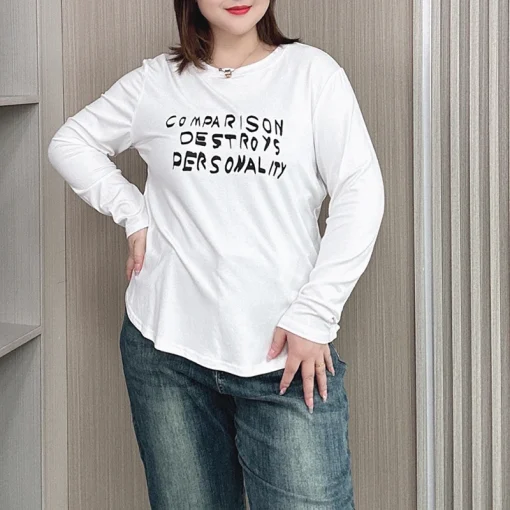 Plus Size Loose Fit Round Neck Long Sleeve T-shirt for Women