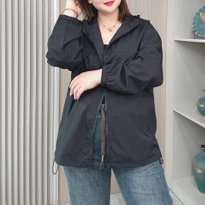 Plus Size Hooded Outdoor Jacket Casual Zipper Trench Coat