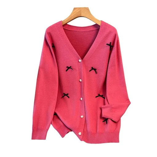 Plus Size Loose V-Neck Bow Knitted Cardigan Sweater - Image 6