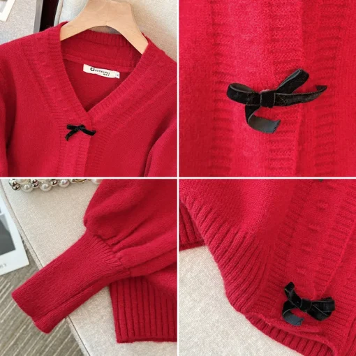 Plus Size Women's Loose V-Neck Bow Knitted Sweater Coat - Image 5