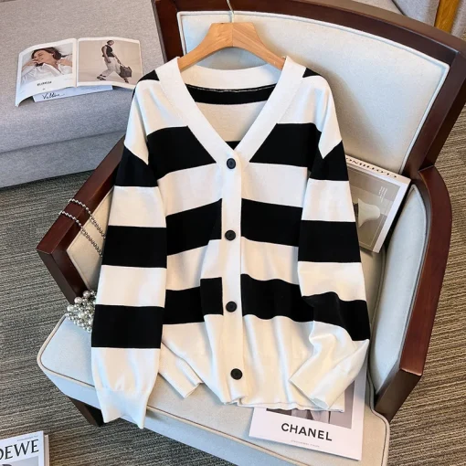 Plus Size Women's V-Neck Striped Cardigan Sweater Jacket - Image 5