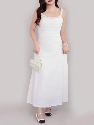 Women's Square Collar Slim Waist Dress, Elegant Shoulder Strap Plus Size