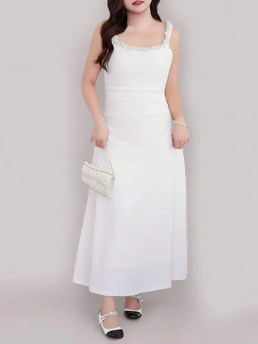 Women's Square Collar Slim Waist Dress, Elegant Shoulder Strap Plus Size