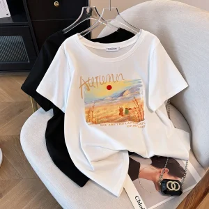 Plus Size Women's Summer Loose Printed T-shirt Black White
