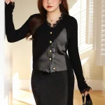 Chic V-Neck Lace Edge Knitted Cardigan Women Plus Size
