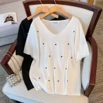 Plus Size Women's Summer Loose Ice Silk V-Neck Love T-shirt