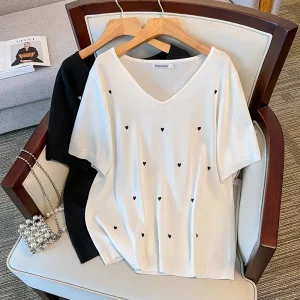 Plus Size Women's Summer Loose Ice Silk V-Neck Love T-shirt