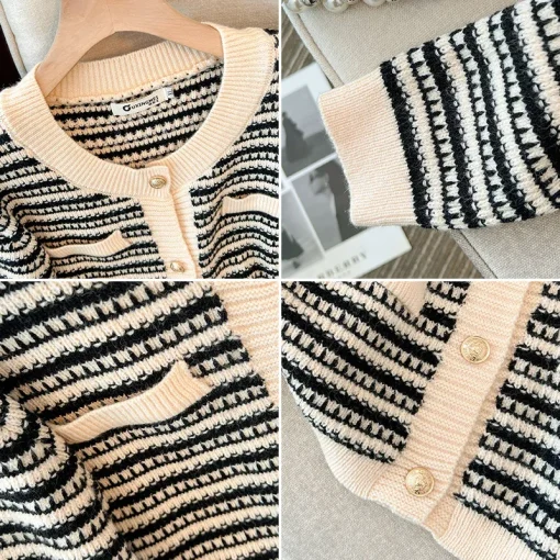 Plus Size Women's Loose Striped V-Neck Knit Cardigan Sweater - Image 5