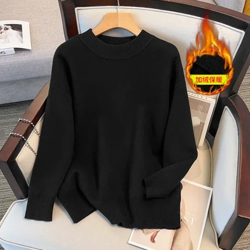 Plus Size Winter Fleece Loose Round Neck Pullover Sweater - Image 4