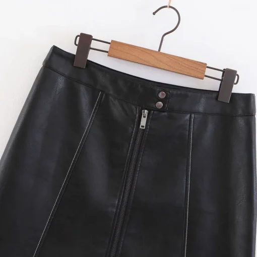 High Waist Black PU Leather Zipper Skirt - Image 2