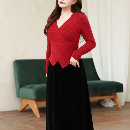 Women’s V-Neck Cross Knitted Pullover Sweater, Plus Size - Image 2