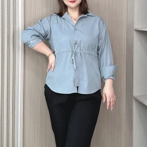 Women's Plus Size Drawstring Waist Long Sleeve Casual Blouse