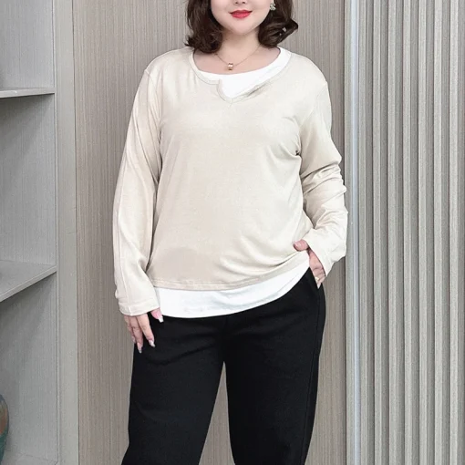 Plus Size Autumn Long Sleeve Loose Fake Two-Piece T-Shirt