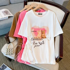 Plus Size Loose Short-Sleeved Cat Printed Round Neck T-Shirt