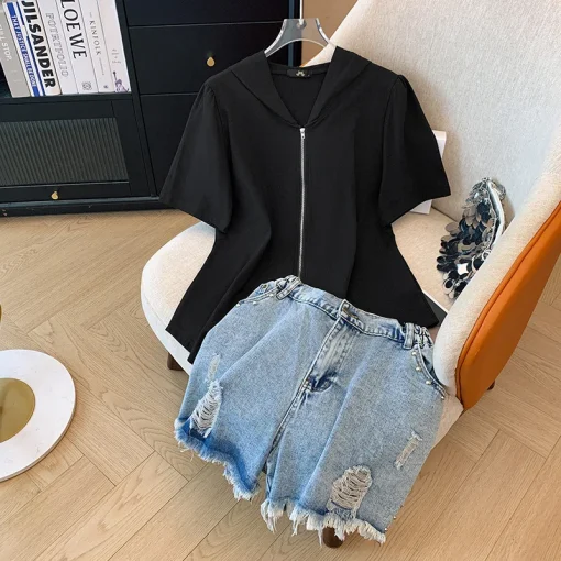 Plus Size Hooded Cardigan and Denim Shorts Two-Piece Set