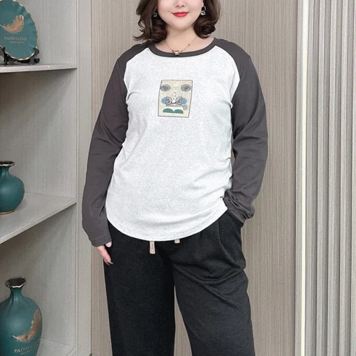 Plus Size Long Sleeve Block Color Casual T-Shirt - Image 2