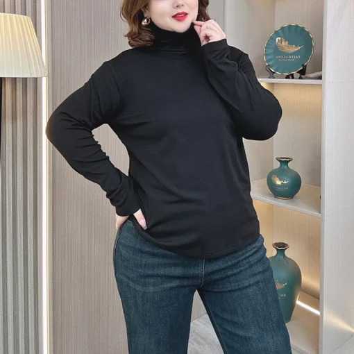 4XL Plus Size Women’s Slim Long Sleeve Turtleneck Brushed T-Shirt