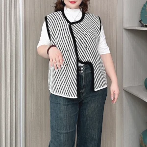 Plus Size Women’s Chic Fall Oblique Stripe Double-Breasted Vest