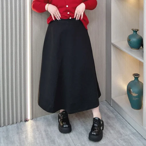 Plus Size Red Woolen High Waist Loose MIDI Skirt - Image 3