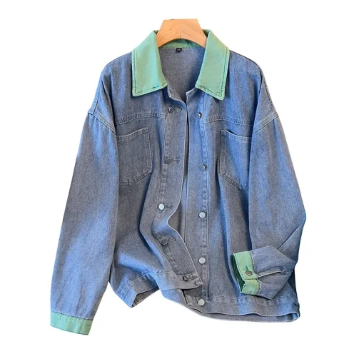 Plus Size Women's Loose Contrast Denim Jacket Coat - Image 6