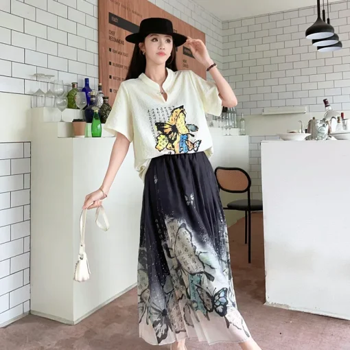 Plus Size Women's Summer Retro Chinese Style T-Shirt Skirt Set