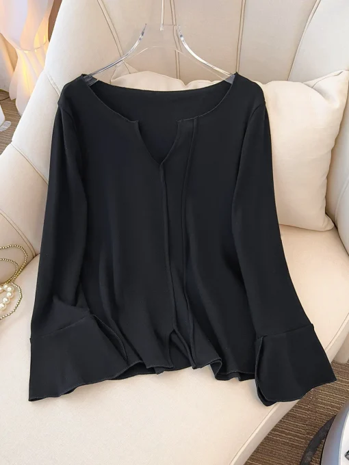 Plus Size Women's Long Sleeve Casual Black T-Shirt - Image 3