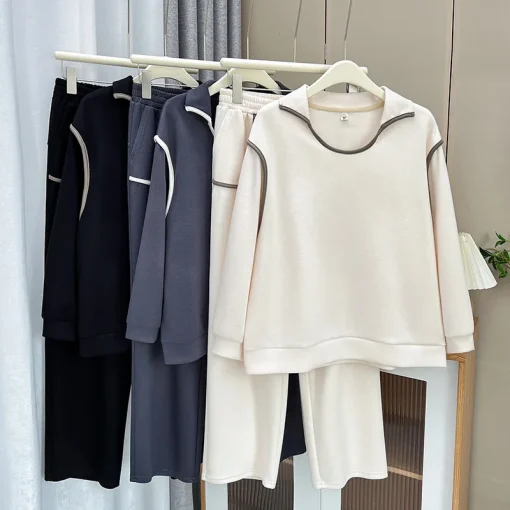 Plus Size Long Sleeve Block Color Sweatshirt and Pants Set - Image 6