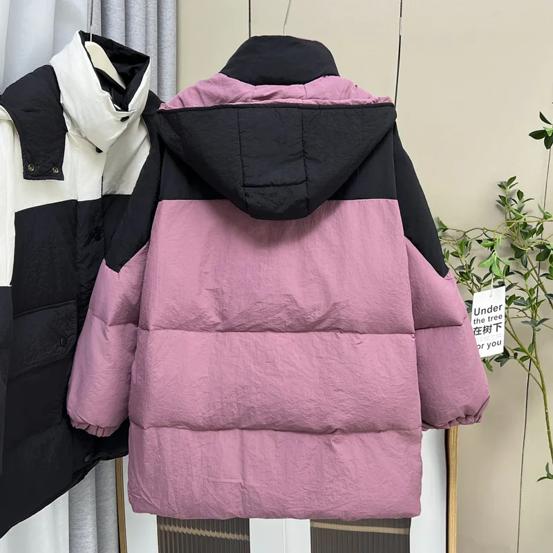 Plus Size Women Down Coat Winter Hooded Block Color Jacket - Image 3