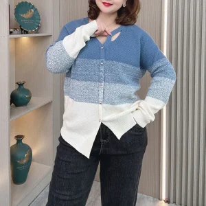 Plus Size Women Knit Cardigan, Soft V-neck Hollow Sweater