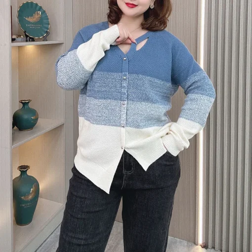 Plus Size Women Knit Cardigan, Soft V-neck Hollow Sweater