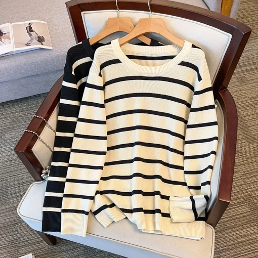 Plus Size Women's Loose Long Sleeve Striped Knitted Sweater