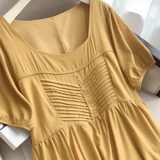 Plus Size Women's Loose Yellow Square Neck Summer Dress - Image 5