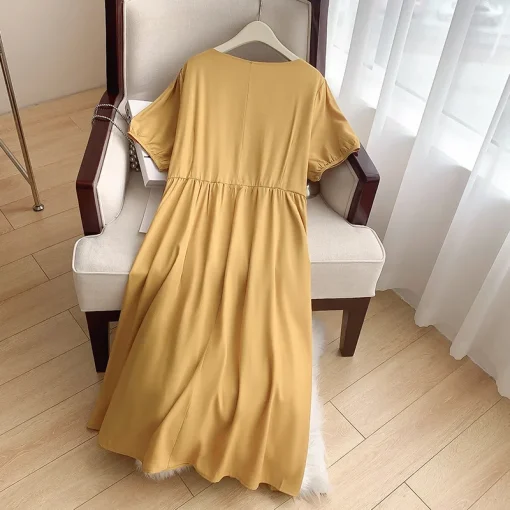 Plus Size Women's Loose Yellow Square Neck Summer Dress - Image 3