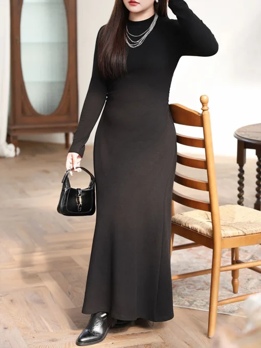 Crew Neck Slim Dress Women Plus Size Long Sleeve - Image 2