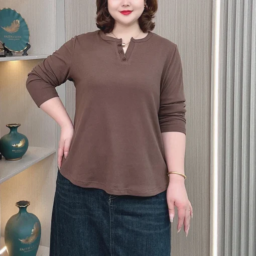 Plus Size V-Neck Loose Fit Velvet Autumn Winter T-shirt - Image 2